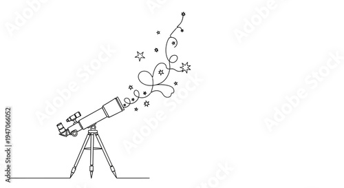 Telescope, Stars, and Swirls - Continuous Line Art - Astronomy and Discovery