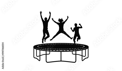 Black silhouette illustration of three people jumping together on a circular outdoor trampoline