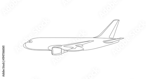 Airplane outline drawing, simple line art of a modern jetliner on white background
