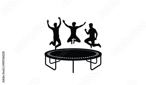 Three silhouettes of happy people jumping together on a circular outdoor backyard trampoline unit