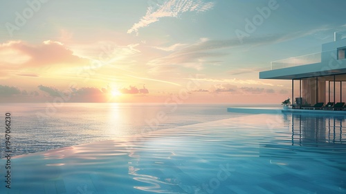 Luxury oceanfront villa with infinity pool at scenic sunrise or sunset, calm sea reflections and modern architecture