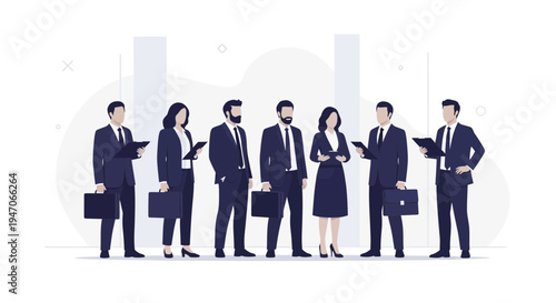 Diverse business team standing in office, holding tablets and briefcases.