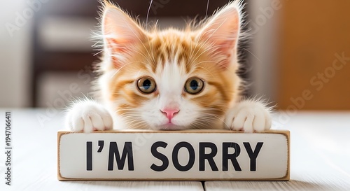 A cute orange kitten with a sign that says I'm sorry