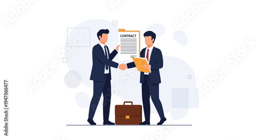 Businessmen shaking hands over a contract, sealing a deal with a briefcase nearby.