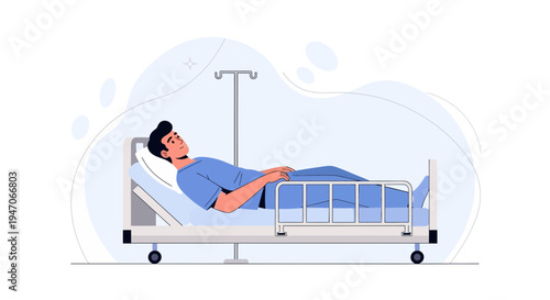 Man Lying in Hospital Bed with IV Drip, Medical Care Illustration