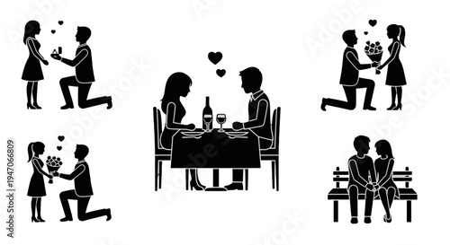 Romantic Couple Love Interactions Relationship Pictograms Collection, isolated white background