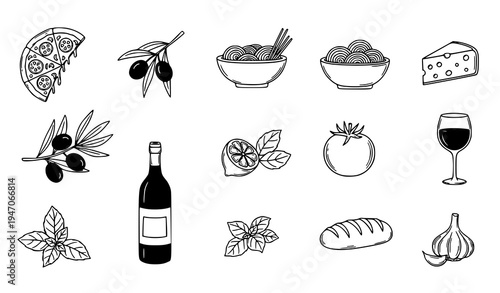 Hand drawn Italian food doodle icon set with pizza pasta olives cheese tomato wine Mediterranean cuisine illustration