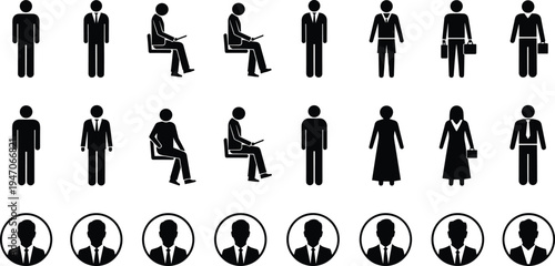 Business people icons set, office workers silhouettes, sitting standing men women avatars, professional corporate staff vector collection isolated
