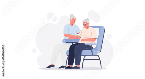 Elderly woman receiving care and support from a younger woman, illustration