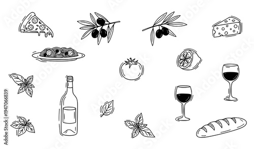 Italian cuisine hand drawn doodle set with pasta pizza olive tomato cheese lemon wine dolce vita food icons