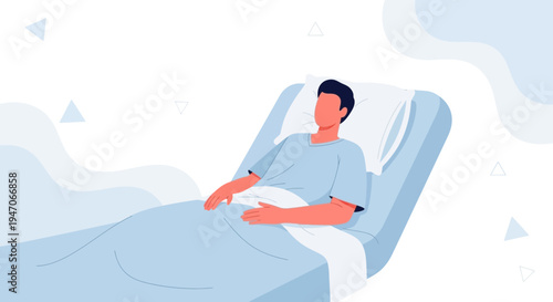 Man in hospital bed, illustration, medical care, patient recovery, healthcare concept