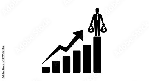 Successful Business Person on Top of Rising Bar Graph with Money Bags, isolated white background
