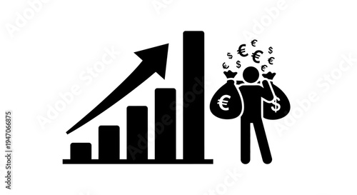 Person Carrying Money Bags Next to Rising Bar Graph with Upward Arrow, isolated white background