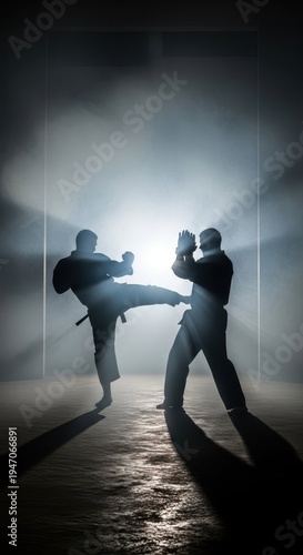 Silhouettes of Two Martial Artists Engaged in Dynamic Combat Training