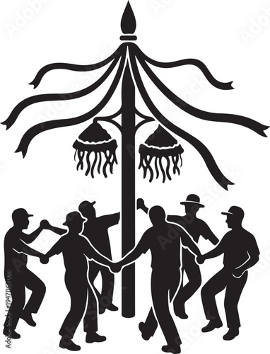 Silhouettes of people dancing around a maypole with ribbons.