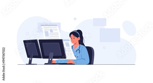 Doctor working on computer, medical data analysis, healthcare technology, doctor's office