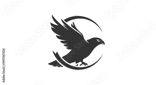 Dynamic Black Hawk or Eagle Bird Logo in a Circle on Isolated White Background