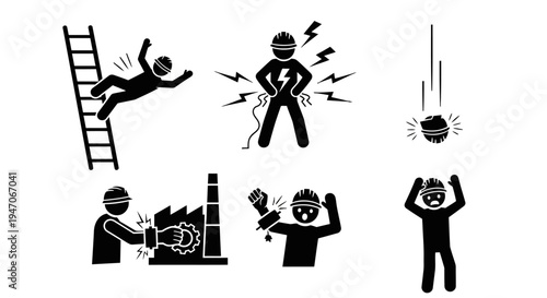 Collection of Stick Figure Workplace Safety Hazards and Accidents on Isolated White Background