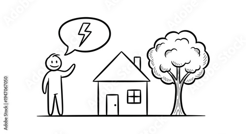 Stick Figure Man Thinking About Lightning Bolt Problem Near House and Tree on Isolated White Background