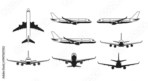 Various Black Silhouette Airplanes and Aircraft Views Isolated White Background