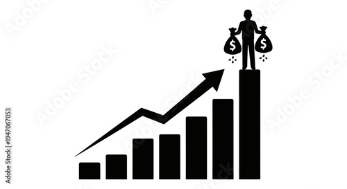 Man Silhouette with Money Bags on Rising Bar Chart Representing Financial Growth on Isolated White Background