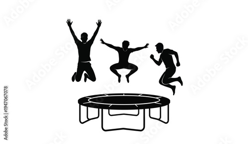 Three energetic people jumping high in the air while using a circular outdoor backyard trampoline