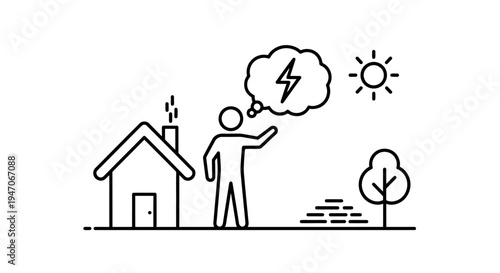 Man Thinking About Solar Energy for a House with Sun and Lightning Bolt Symbol on Isolated White Background
