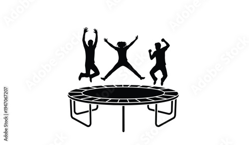 Black silhouette illustration of three happy people jumping high on a circular backyard trampoline