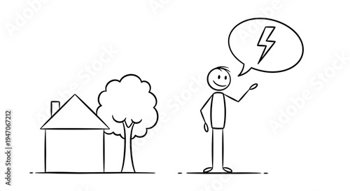 Stick Figure Speaking About Electricity or a Sudden Idea, House and Tree in Background, isolated white background