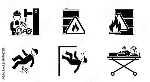 Workplace Hazard and Accident Icons, Industrial Safety Warning Signs and Emergency Pictograms, isolated white background
