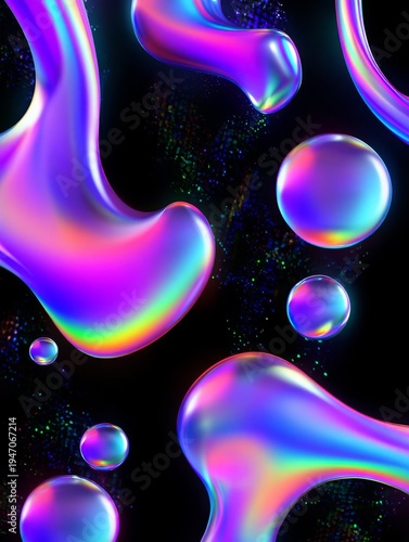 Abstract 3D render of iridescent holographic liquid drops and spheres floating against a dark black background with glowing particles