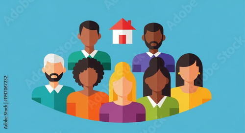 Diverse group of people gathered together with a house symbol above.