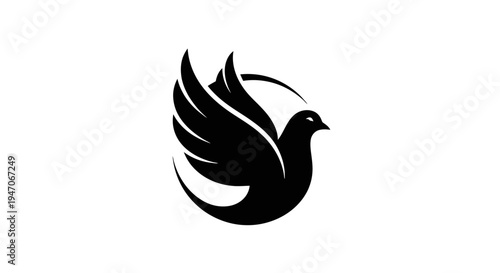 Bold Black Flying Bird Logo Design, Strong Dove or Phoenix Silhouette in a Circle, isolated white background