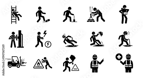 Collection of Industrial and Workplace Safety Icons, Hazard Warning Signs and Occupational Health Pictograms, isolated white background