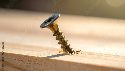 Angled golden screw partially embedded in light wood, with wood shavings visible around the screw