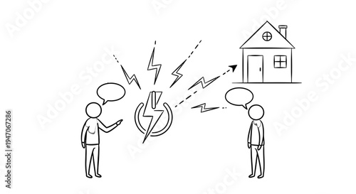 Stick Figures Arguing about Home Energy Issues, Communication Problems and Stress, isolated white background