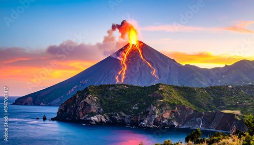 Volcanic Eruption on Island at Sunset.