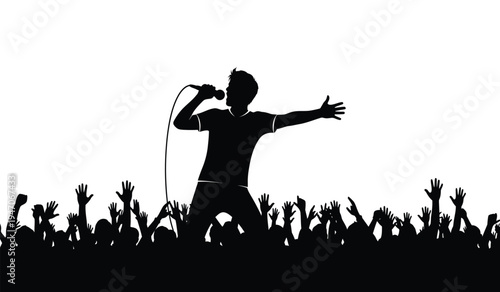 A black silhouette of a male lead singer performing on stage with a cheering crowd of fans below