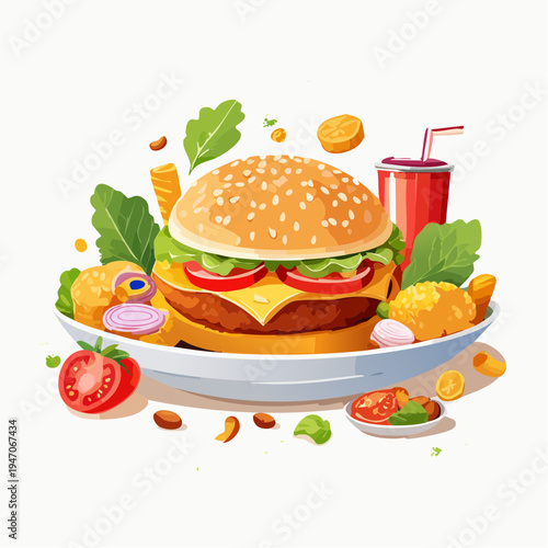 Delicious burger with fresh ingredients and a drink on a white plate