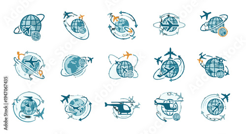 Set of Global Logistics and Transportation Icons Depicting Worldwide Shipping and Travel Connections