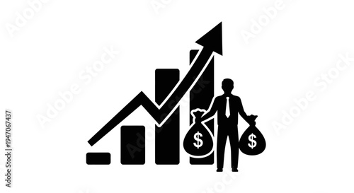 Businessman Achieving Financial Growth and Success, Standing on a Rising Bar Chart with Money Bags on Isolated White Background