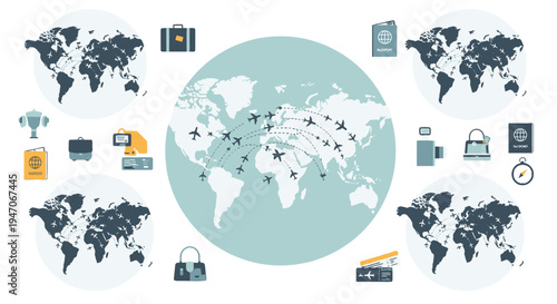 World Map with Travel and Tourism Icons, Illustrating Global Destinations and Planning