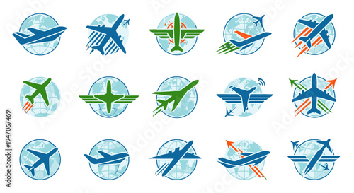 Set of Dynamic Airplane and Global Travel Icons Showing Worldwide Connections and Movement