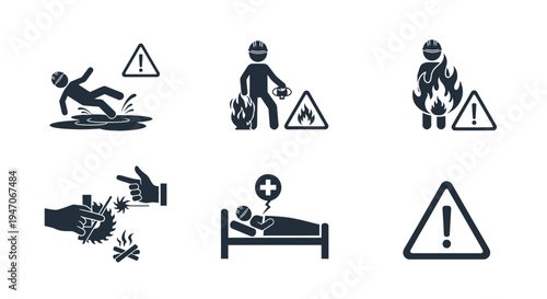 Set of Hazard and Danger Icons Including Slipping, Fire, Sickness, and Warning on Isolated White Background
