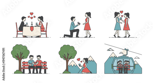 Set of Illustrations Depicting Romantic Couple Activities and Outdoor Recreation in Various Settings