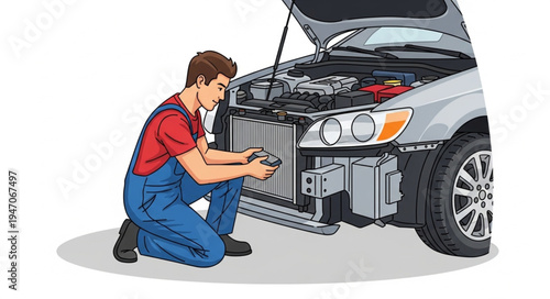 Mechanic repairing car engine.