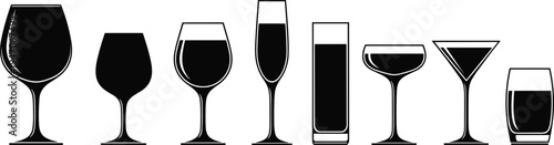 Drinking glass silhouette set vector illustration, wine champagne cocktail and water glasses collection, bar drinkware icons isolated on white
