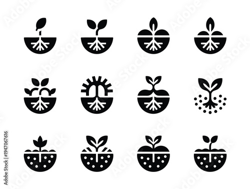 Plant Growth and Nutrition Icon Set – Soil Minerals and Transport Symbols