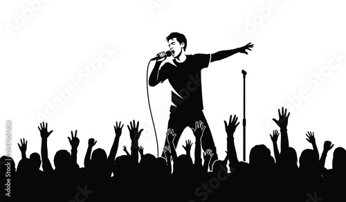 A male rock singer performing on stage with a cheering crowd raising their hands in the audience