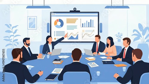 Business professionals attending a meeting with data analysis on a large screen. Team collaboration and strategic discussion in a modern office environment. Flat illustration